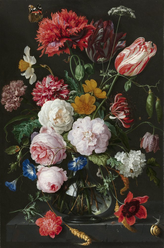 Jan Davidsz. de Heem. Still life with flowers in a glass vase. 1650-1683. Click to see the painting in high-resolution on Rijksmuseum site.