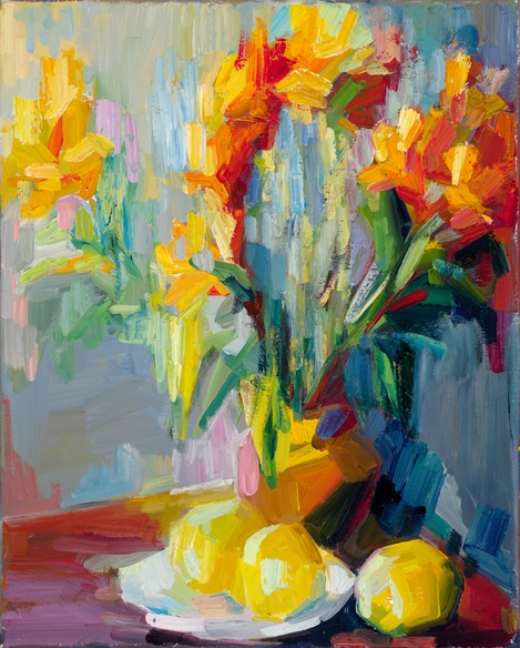 Still life with orange lilies and lemons