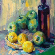 Still life with green apples and lemons