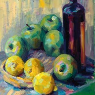 Still life with green apples and lemons