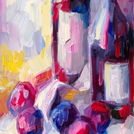 Still life with plums and two bottles