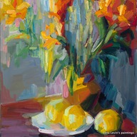 Still life with orange lilies and lemons